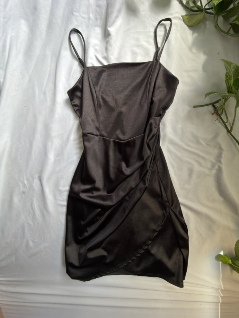 Honey and Rosie Black Satin Slip Dress with Draped Tulip Skirt